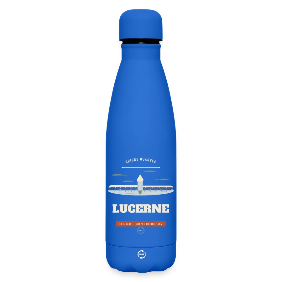 Lucerne badge on a matte insulated water bottle 500 ml, royal blue