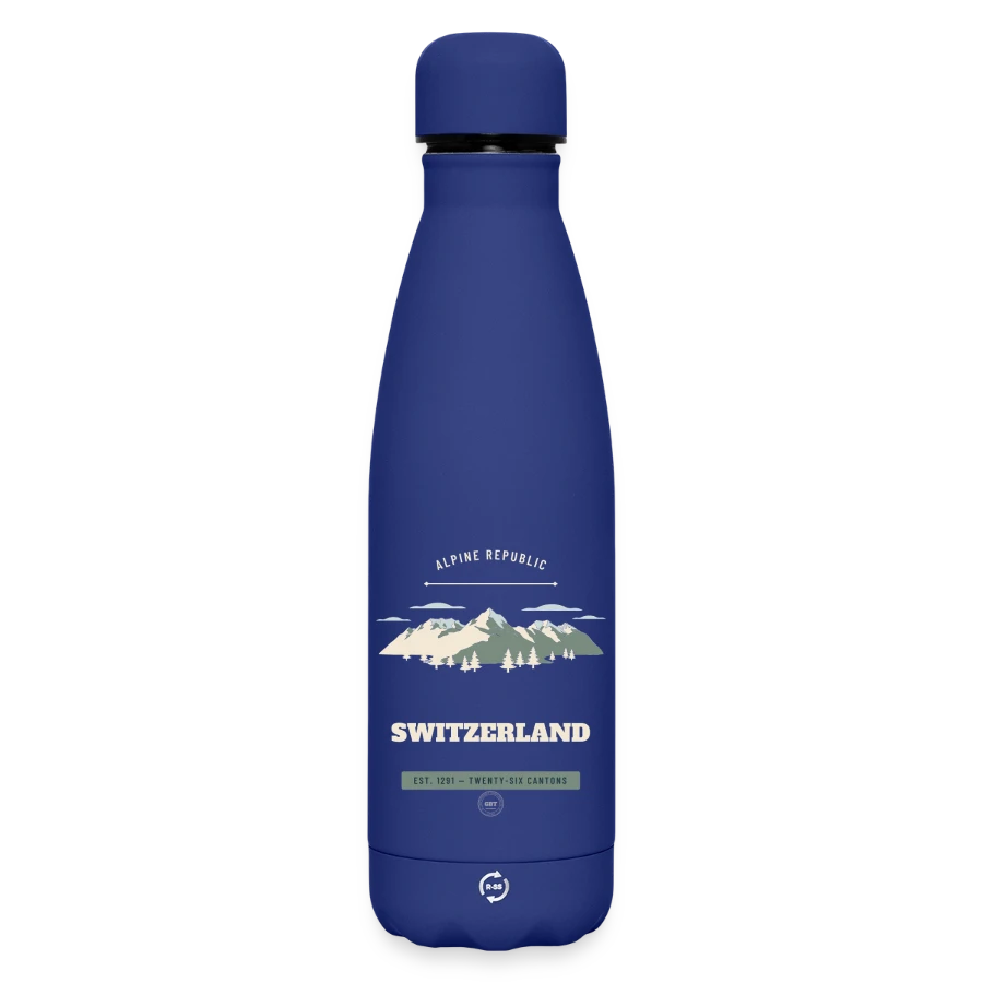 Switzerland badge on a matte insulated water bottle 500 ml, dark blue 