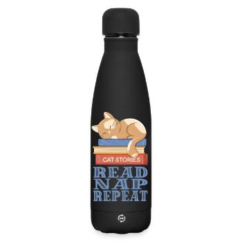 Sleeping cat and books - Matte Insulated Water Bottle 500 ml - black - Front