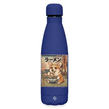 Corgi Ramen Japanese Vintage Style - Matte Insulated Water Bottle 500 ml - dark blue  - Front