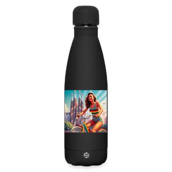 SAGRADA FAMILIA Retro-Mädchen auf dem Fahrrad - Matte Thermosflasche 500 ml - Schwarz - Vorne