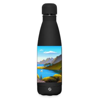 Landscape with lake, boat and mountains - Matte Insulated Water Bottle 500 ml - black - Front