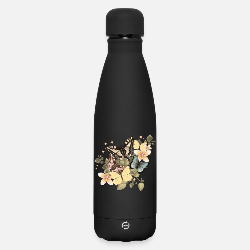 Papillons dans une mer de fleurs vintage - Bouteille isotherme SOFT TOUCH 500 ml - noir