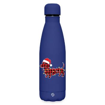 Dog Dachshund Christmas Plaid Red Plaid - Matte Insulated Water Bottle 500 ml - dark blue  - Front