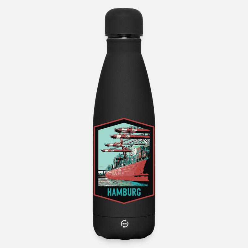 Port de Hambourg et ses navires - Bouteille isotherme SOFT TOUCH 500 ml - noir