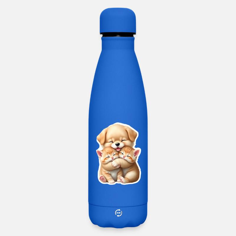 Petit chien serrant deux chatons dans ses bras - Bouteille isotherme SOFT TOUCH 500 ml - bleu roi