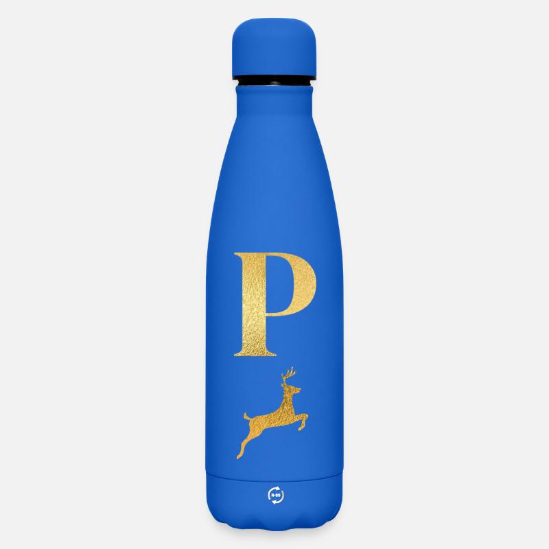 Buchstabe p goldener Hirsch - Geschenkidee - Matte Thermosflasche 500 ml - Königsblau