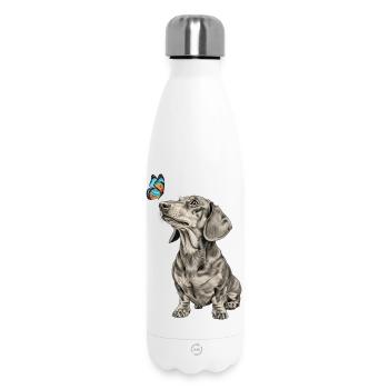 Dackel mit Schmetterling Motiv Hundefans Vintage - Thermosflasche 500 ml - Weiß - Vorne