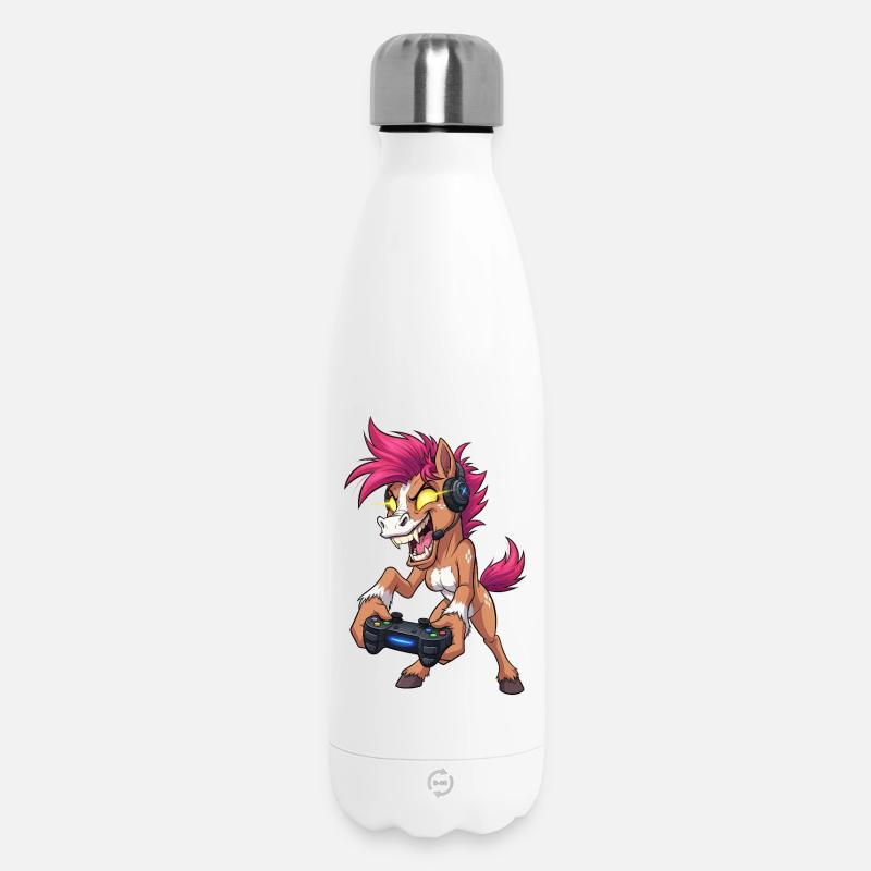 Crazy Neon Pony Gamer mit Headset Gaming - Thermosflasche 500 ml - Weiß