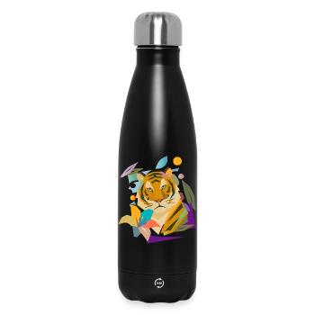 Tiger mit Blüte – Kraftvolles Naturmotiv - Thermosflasche 500 ml - Schwarz - Vorne