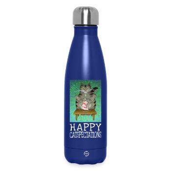 Happy Catspectations - Motivational tabby cat art - Insulated Water Bottle 500 ml - dark blue  - Front
