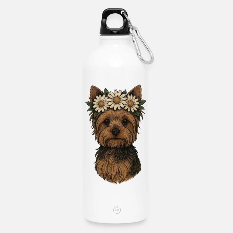 Yorkshire Terrier mit Gänseblümchenkrone - Trinkflasche mit Karabiner 750 ml - Weiß