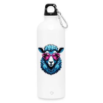 Blaues Schaf mit rosa Herzchenbrille - Trinkflasche mit Karabiner 750 ml - Weiß - Vorne