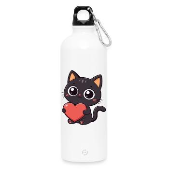 Chat noir kawaii tenant un cœur rouge - Gourde en inox avec mousqueton 750 ml - blanc - Devant