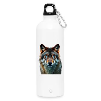 The Sapphire Gaze: Intense Portrait of a Wolf - Water Bottle with carabiner 750 ml - white - Front