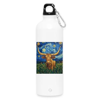 Longhorn Cow Cows Bull Van Gogh Starry Night - Water Bottle with carabiner 750 ml - white - Front