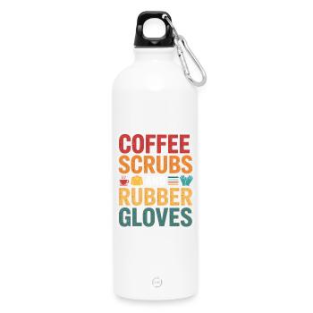 Kaffee Scrubs und Gummi Handschuhe - Trinkflasche mit Karabiner 750 ml - Weiß - Vorne