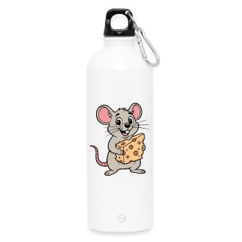 Cheeky Mouse Cartoon with Cheese - Water Bottle with carabiner 750 ml - white - Front