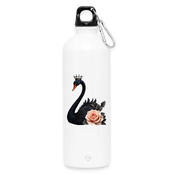 Schwarzer Schwan, gekrönt mit Rose - Trinkflasche mit Karabiner 750 ml - Weiß - Vorne