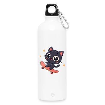 Chat kawaii sur planche à roulettes - Gourde en inox avec mousqueton 750 ml - blanc - Devant