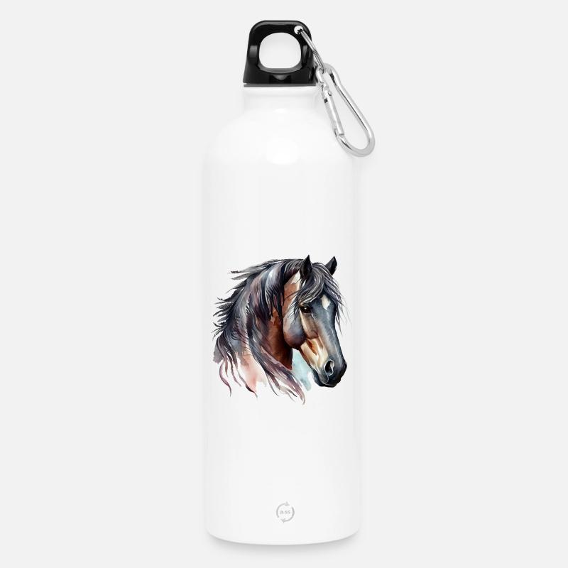 Portrait à l’aquarelle d’un cheval de laurier - Gourde en inox avec mousqueton 750 ml - blanc