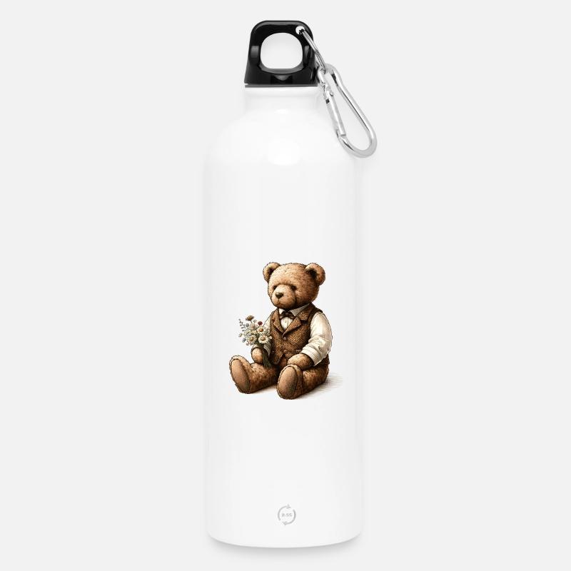 Vintage-Teddy mit Blumen: Ein Hauch von Nostalgie - Trinkflasche mit Karabiner 750 ml - Weiß
