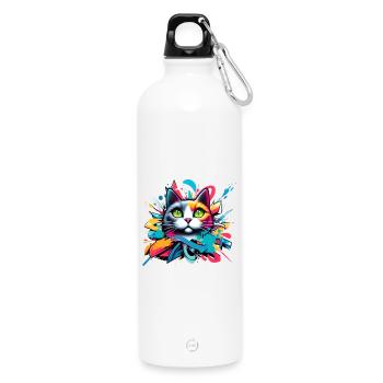 bunte Katze gestaltet im Comic Graffiti Stil - Trinkflasche mit Karabiner 750 ml - Weiß - Vorne