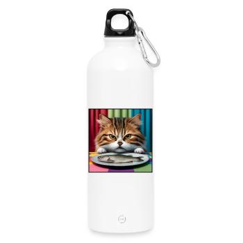 Cat with fish - Water Bottle with carabiner 750 ml - white - Front