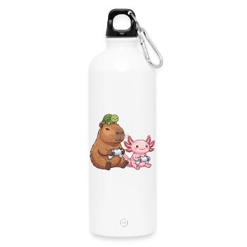 Capybara and Axolotl Gaming Funny  - Water Bottle with carabiner 750 ml - white - Front