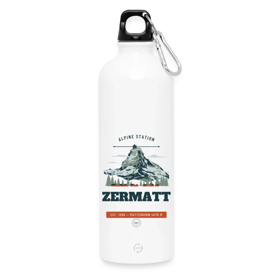 Zermatt badge on a water bottle with carabiner 750 ml, white