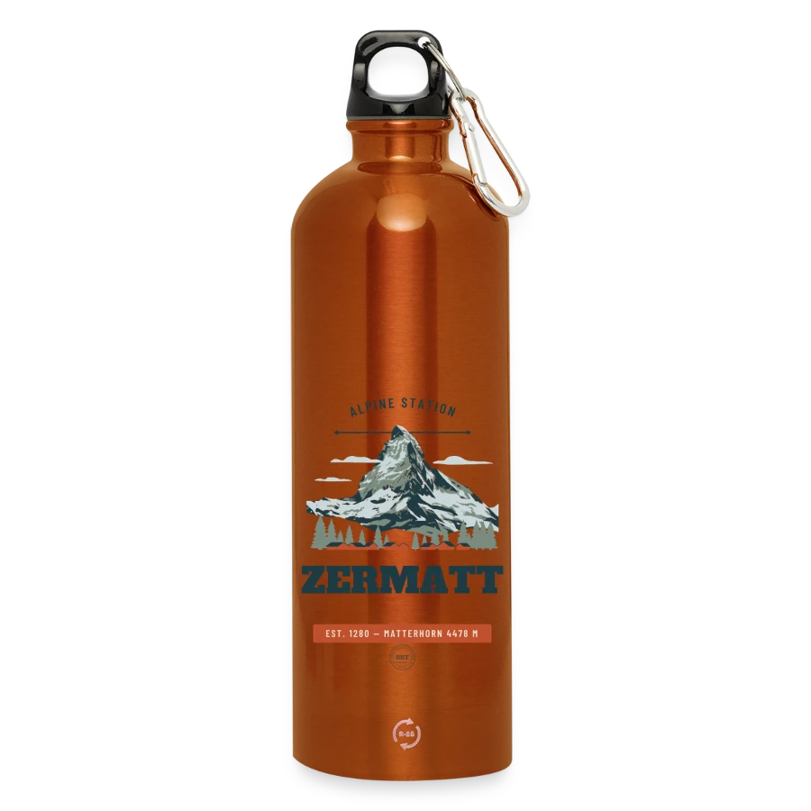 Zermatt badge on a water bottle with carabiner 750 ml, burnt orange