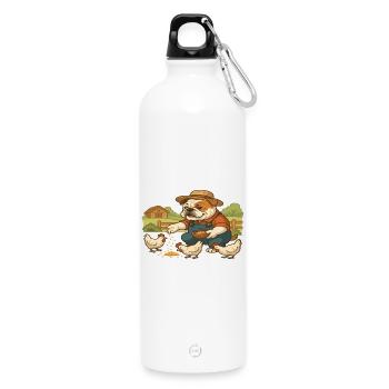 Farmer Bulldog Feeding Chickens Cute Farm Scene - Water Bottle with carabiner 750 ml - white - Front