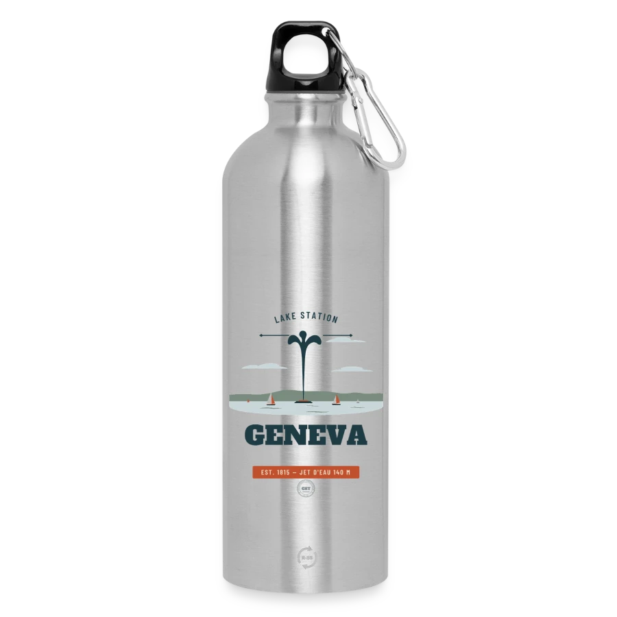 Geneva badge on a water bottle with carabiner 750 ml, silver