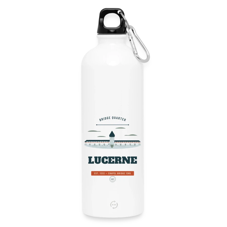 Lucerne badge on a water bottle with carabiner 750 ml, white