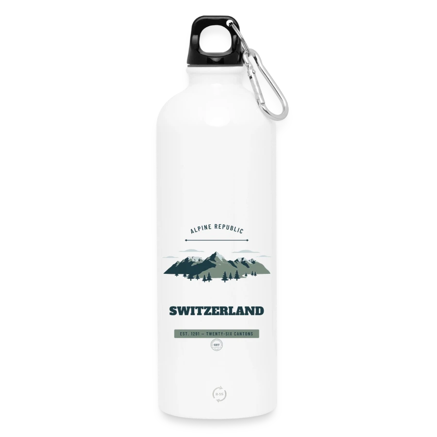 Switzerland badge on a water bottle with carabiner 750 ml, white