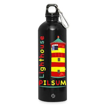 Leuchtturm Pilsum, Wahrzeichen, Zeichnung. - Trinkflasche mit Karabiner 750 ml - Schwarz - Vorne
