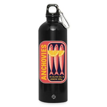 Retro Can Label Anchovy Art - Water Bottle with carabiner 750 ml - black - Front