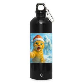 chat, chapeau de Père Noël, Yéti, Noël, neige, mème, selfi - Gourde en inox avec mousqueton 750 ml - noir - Devant