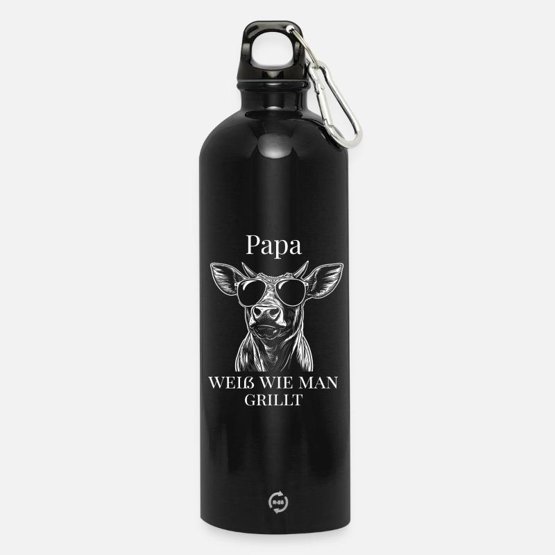 Papa grillt am Besten - coole Kuh mit Sonnenbrille - Trinkflasche mit Karabiner 750 ml - Schwarz