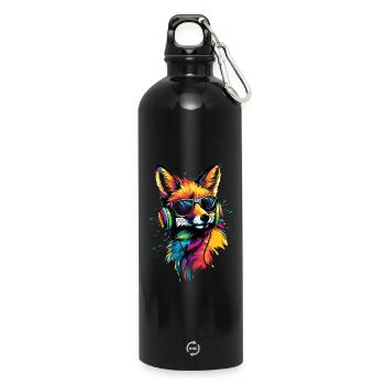 Fuchs DJ Kopfhörer Bunt Regenbogen Musik Füchse - Trinkflasche mit Karabiner 750 ml - Schwarz - Vorne