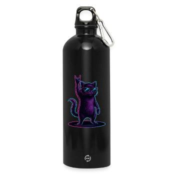 Synthwave Cat Cat with Rockhand Pose - Water Bottle with carabiner 750 ml - black - Front