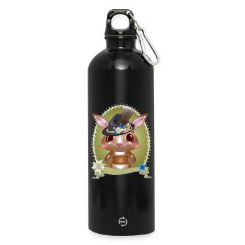 cute bunny in traditional costume with hat and leather pants - Water Bottle with carabiner 750 ml - black - Front