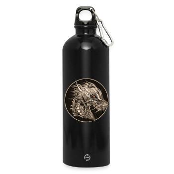 kunstvoll gestalteter mystischer Drachen Patch - Trinkflasche mit Karabiner 750 ml - Schwarz - Vorne
