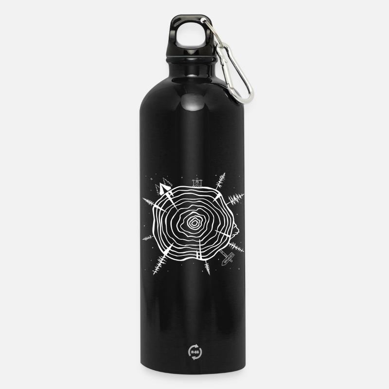 Minimalist Tree Ring Forest Design - Water Bottle with carabiner 750 ml - black