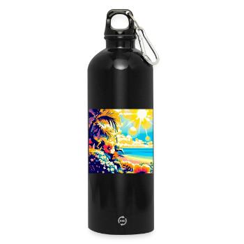 Plage tropicale rétro et soleil - Gourde en inox avec mousqueton 750 ml - noir - Devant