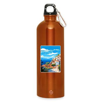 Hydra Greece Travel Poster Souvenir Postcard Paint - Water Bottle with carabiner 750 ml - burnt orange - Front