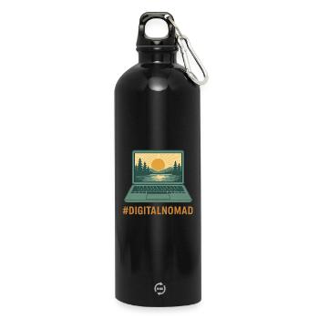 Digitaler Laptop Reisender & Natur bei Sonnenaufgang - Trinkflasche mit Karabiner 750 ml - Schwarz - Vorne