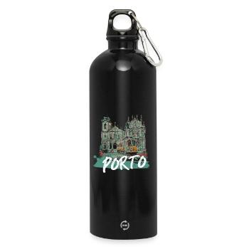 Porto historisches Zentrum Straßenbahn Illustration - Trinkflasche mit Karabiner 750 ml - Schwarz - Vorne
