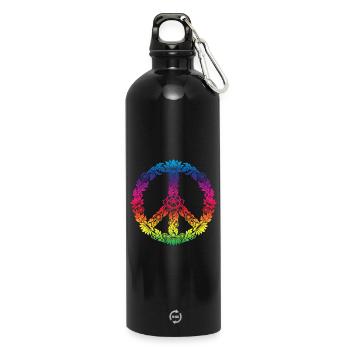 Peace Zeichen Blumen Floral Boho Style - Trinkflasche mit Karabiner 750 ml - Schwarz - Vorne
