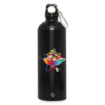 Colorful wheelbarrow with flowers - Water Bottle with carabiner 750 ml - black - Front